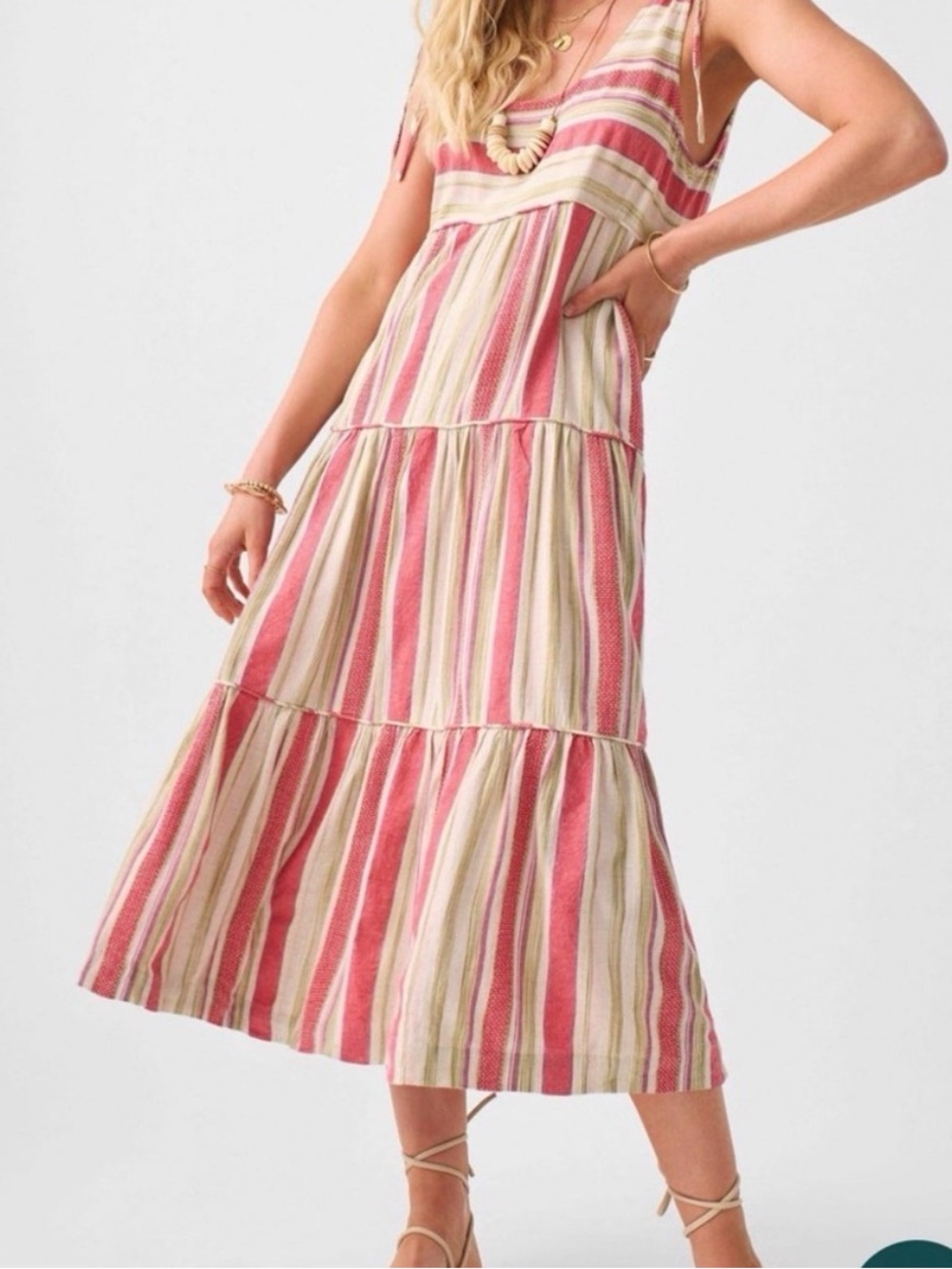 Faherty Lanai Linen dress in sol stripe pattern.  Tank top midi with pockets